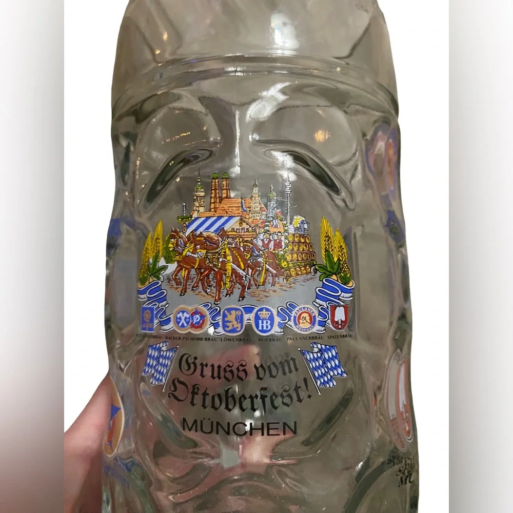 Gruss Vom Oktoberfest Munchen 1L 8'' Clear Dimpled Glass Beer Stein W/Decals